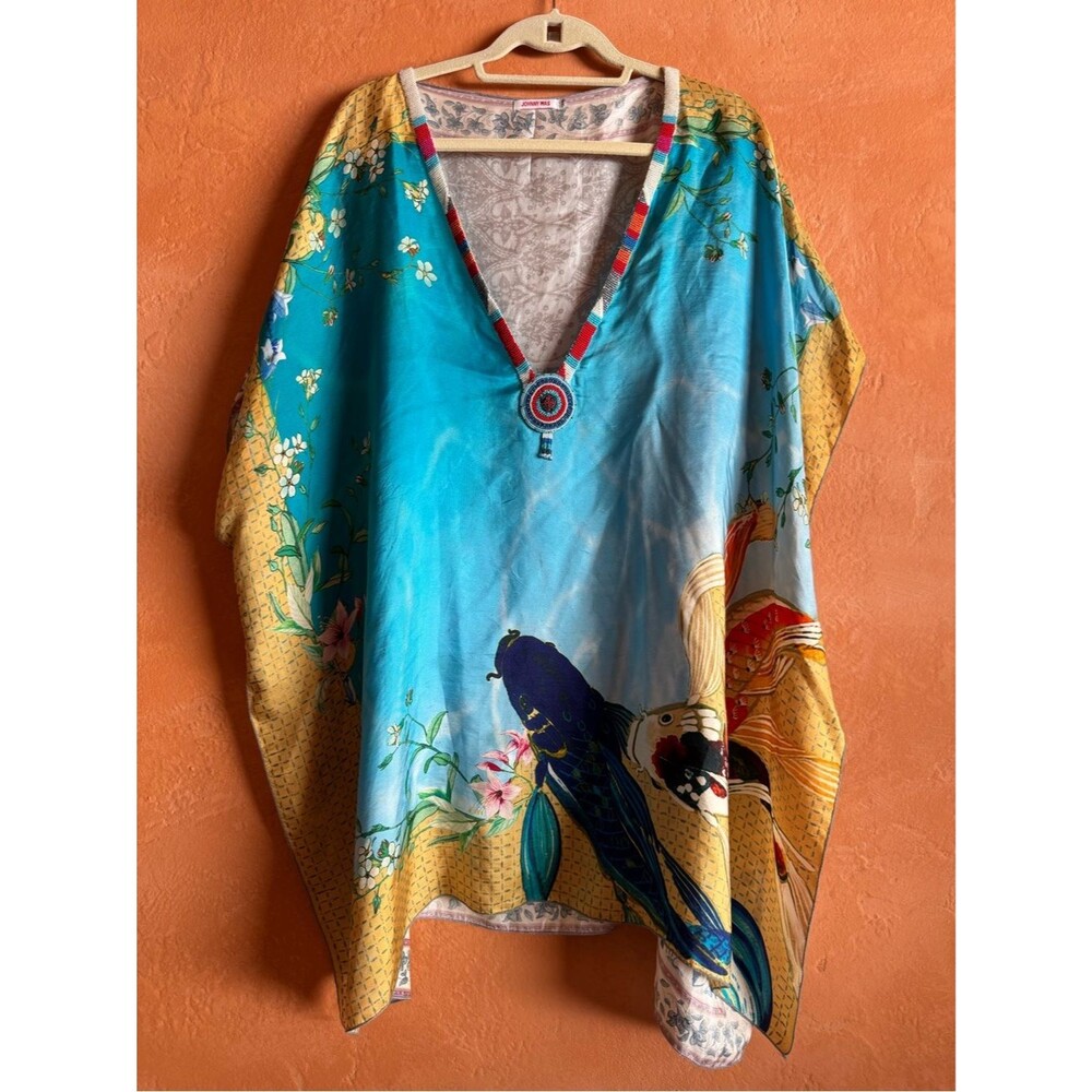 Johnny Was Silk Blend Beaded Koi Fish Tunic Mini Dress XL